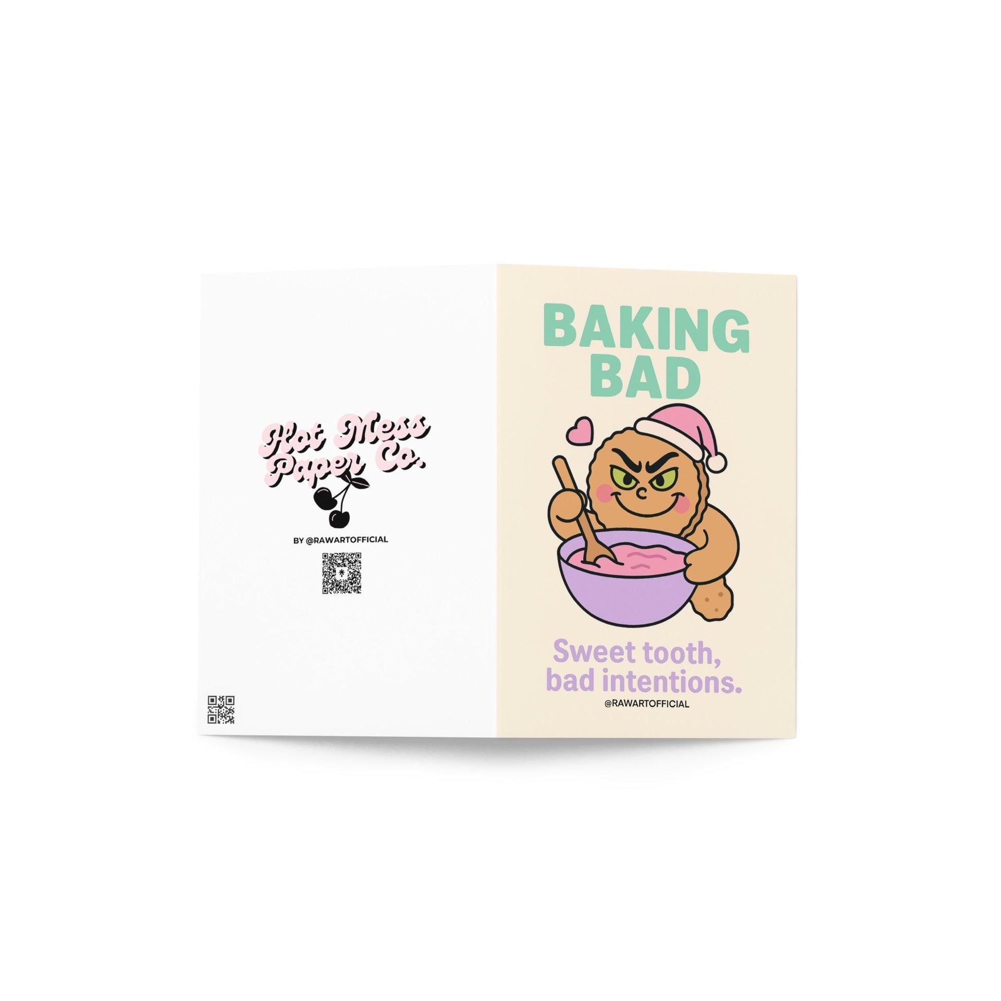 Gingerbread character in Santa hat mixing frosting with “Baking Bad” Breaking Bad pun text.