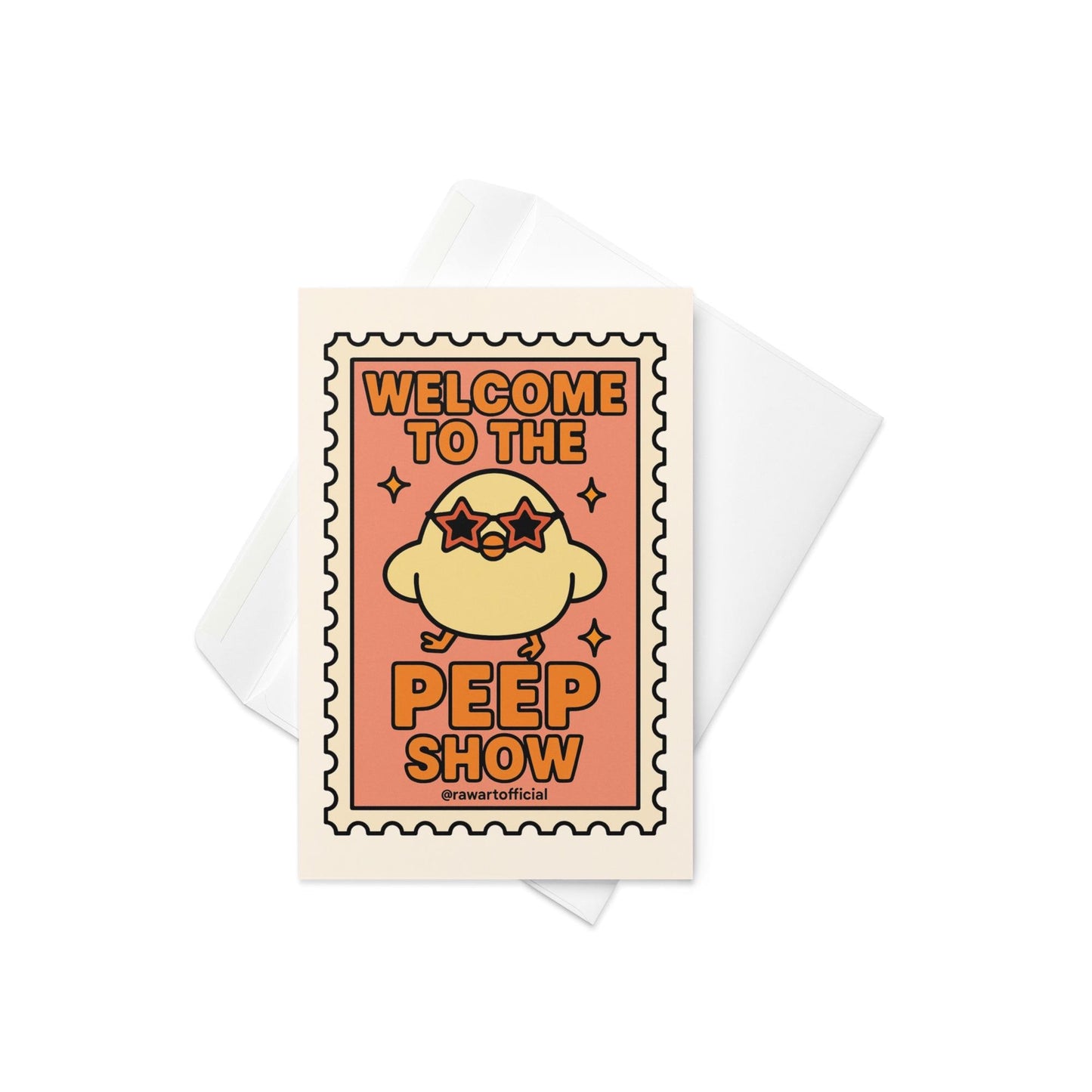 retro easter card with yellow chick in star sunglasses and text welcome to the peep show inside stamp border