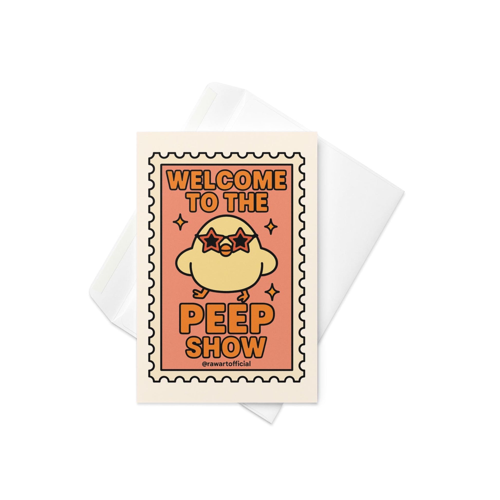 retro easter card with yellow chick in star sunglasses and text welcome to the peep show inside stamp border