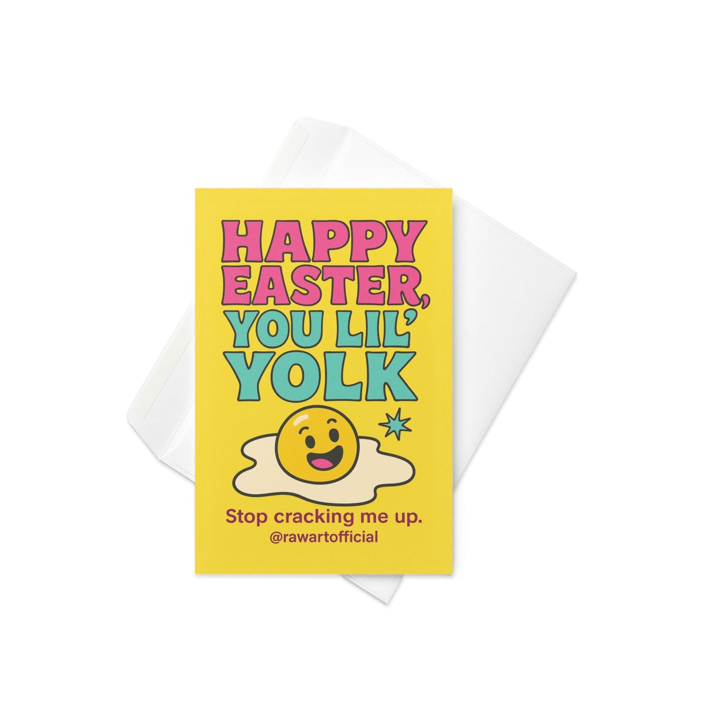 bright yellow easter card with smiling yolk character and bold pink and teal text funny egg pun holiday card