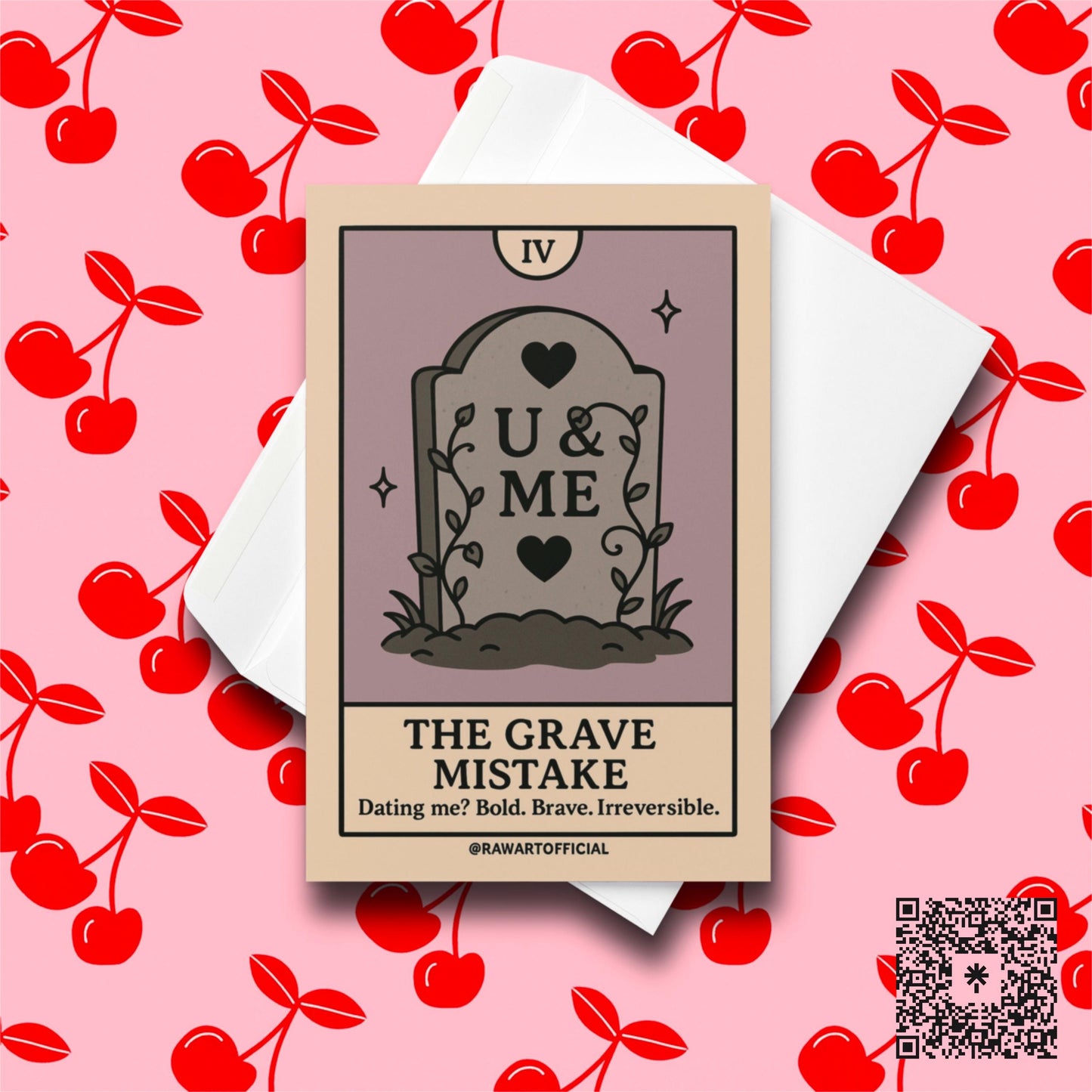 Gravestone with “U & ME” carved on it, tarot-style spooky Valentine with dark romantic caption.