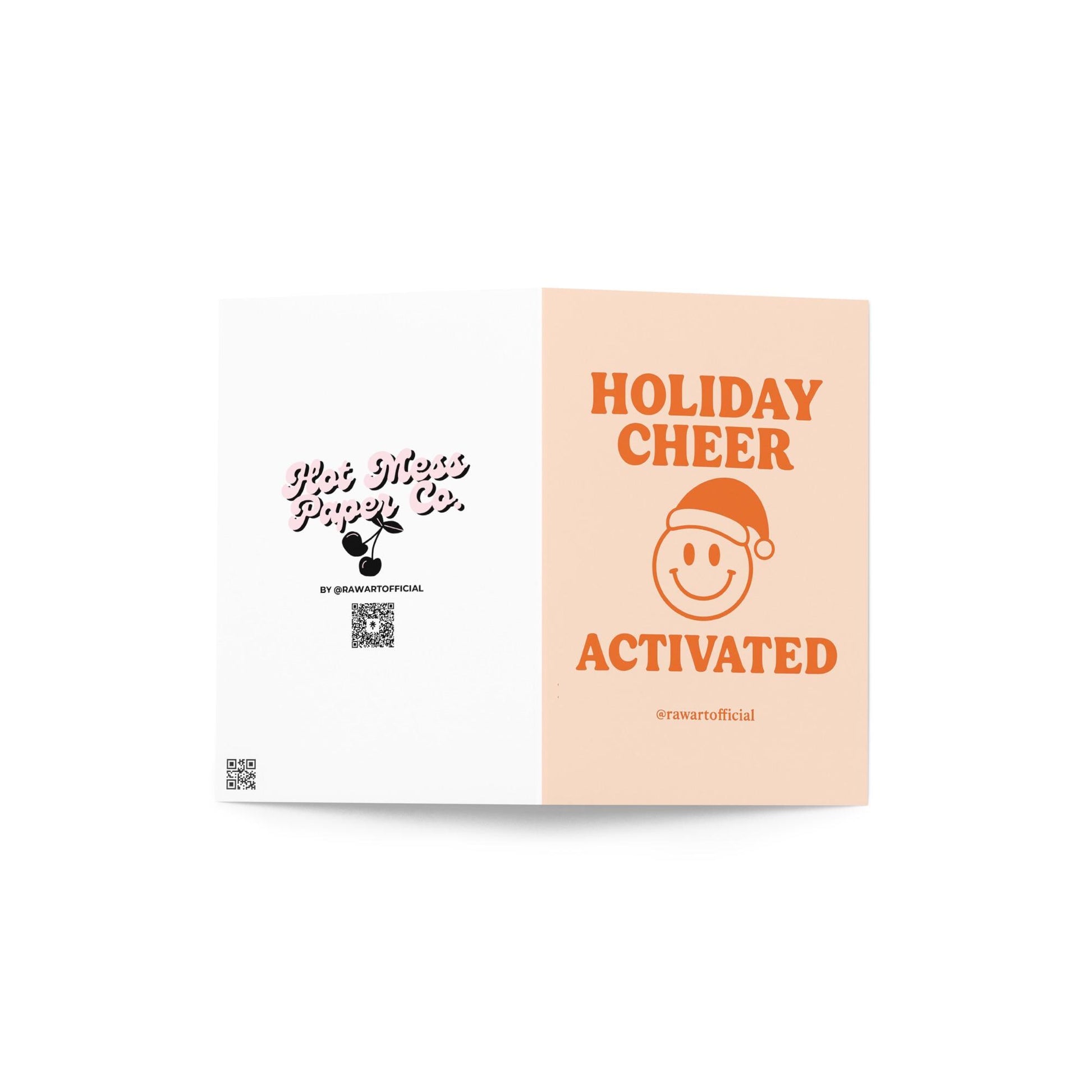 Retro smiley face in Santa hat with text “Holiday Cheer Activated” on peach background.