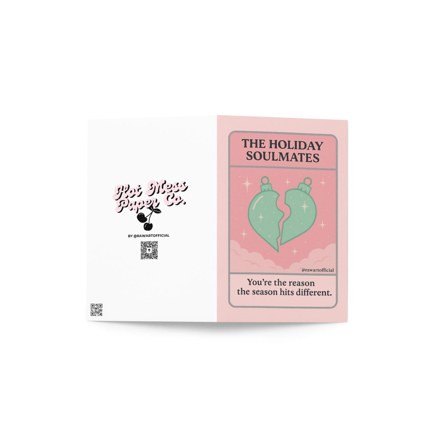 Pink tarot-style card with two ornament halves forming a heart and text “The Holiday Soulmates.”