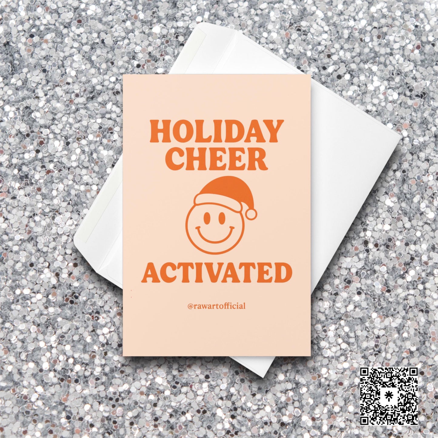 Retro smiley face in Santa hat with text “Holiday Cheer Activated” on peach background.