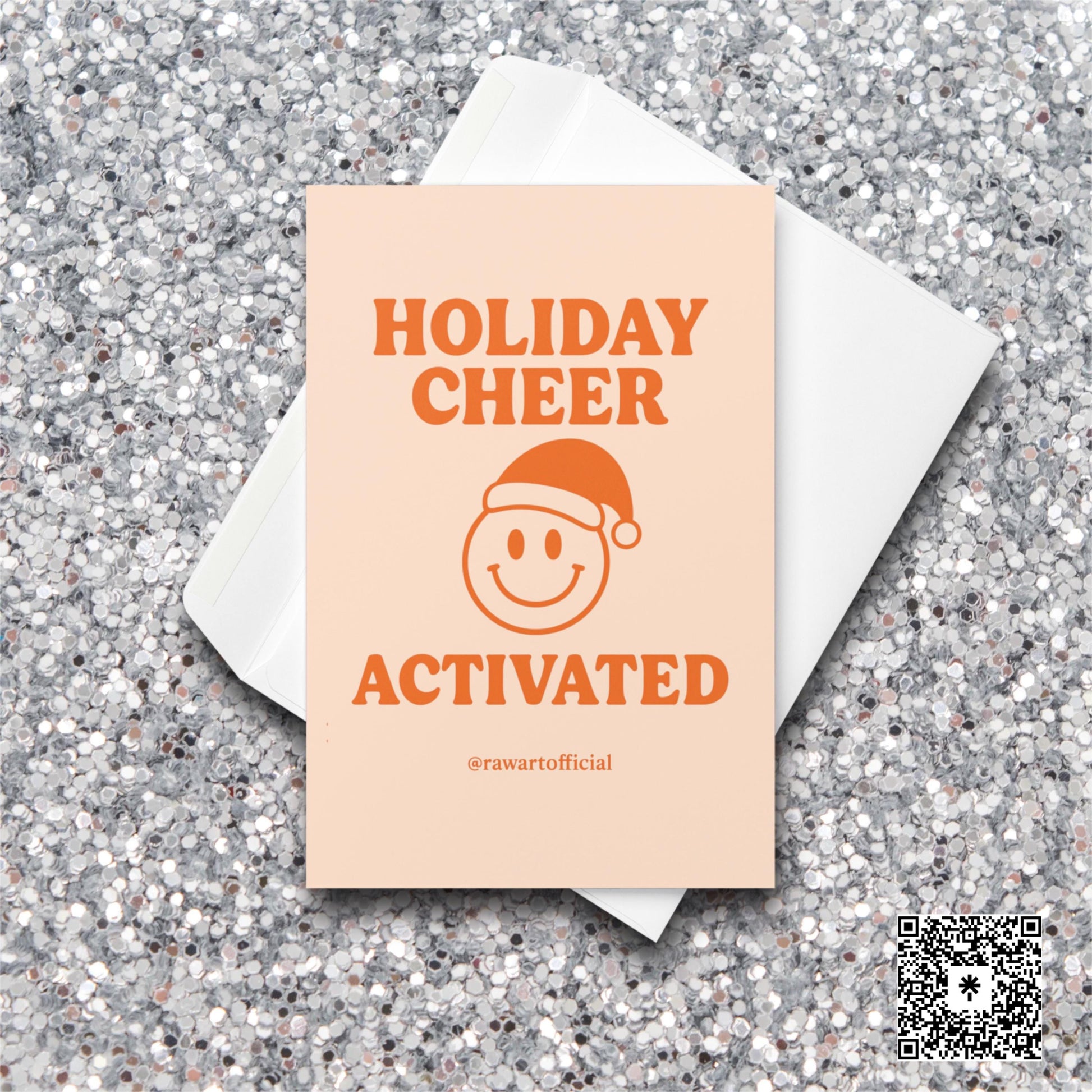 Retro smiley face in Santa hat with text “Holiday Cheer Activated” on peach background.