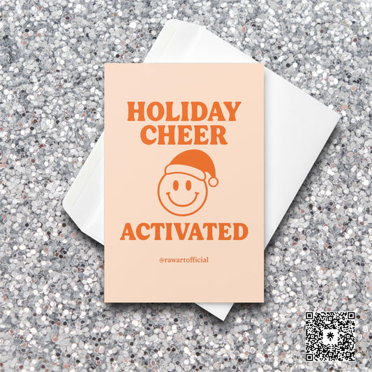 Retro smiley face in Santa hat with text “Holiday Cheer Activated” on peach background.
