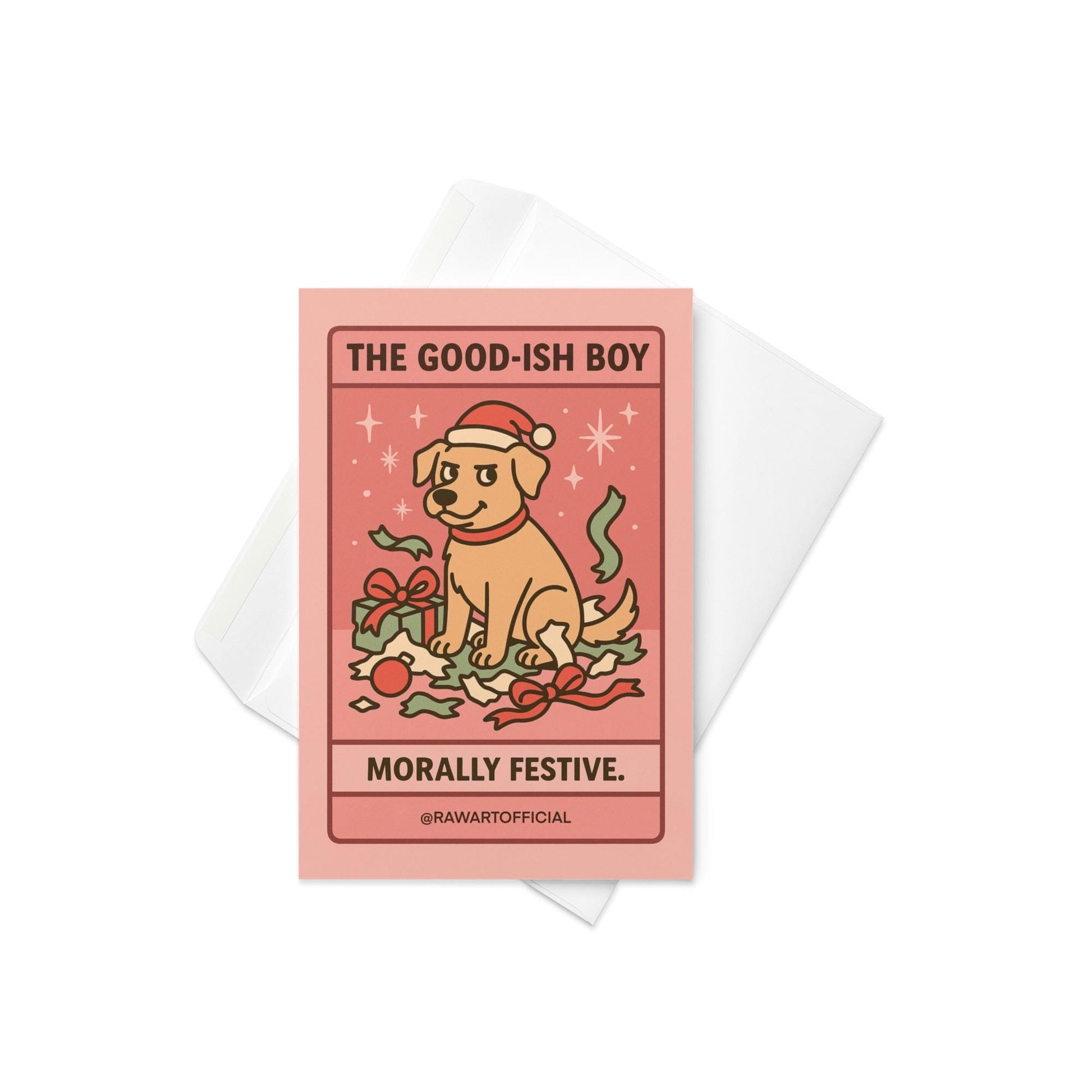 Yellow dog in Santa hat sitting in torn wrapping paper with text “The Good-Ish Boy — Morally Festive.”