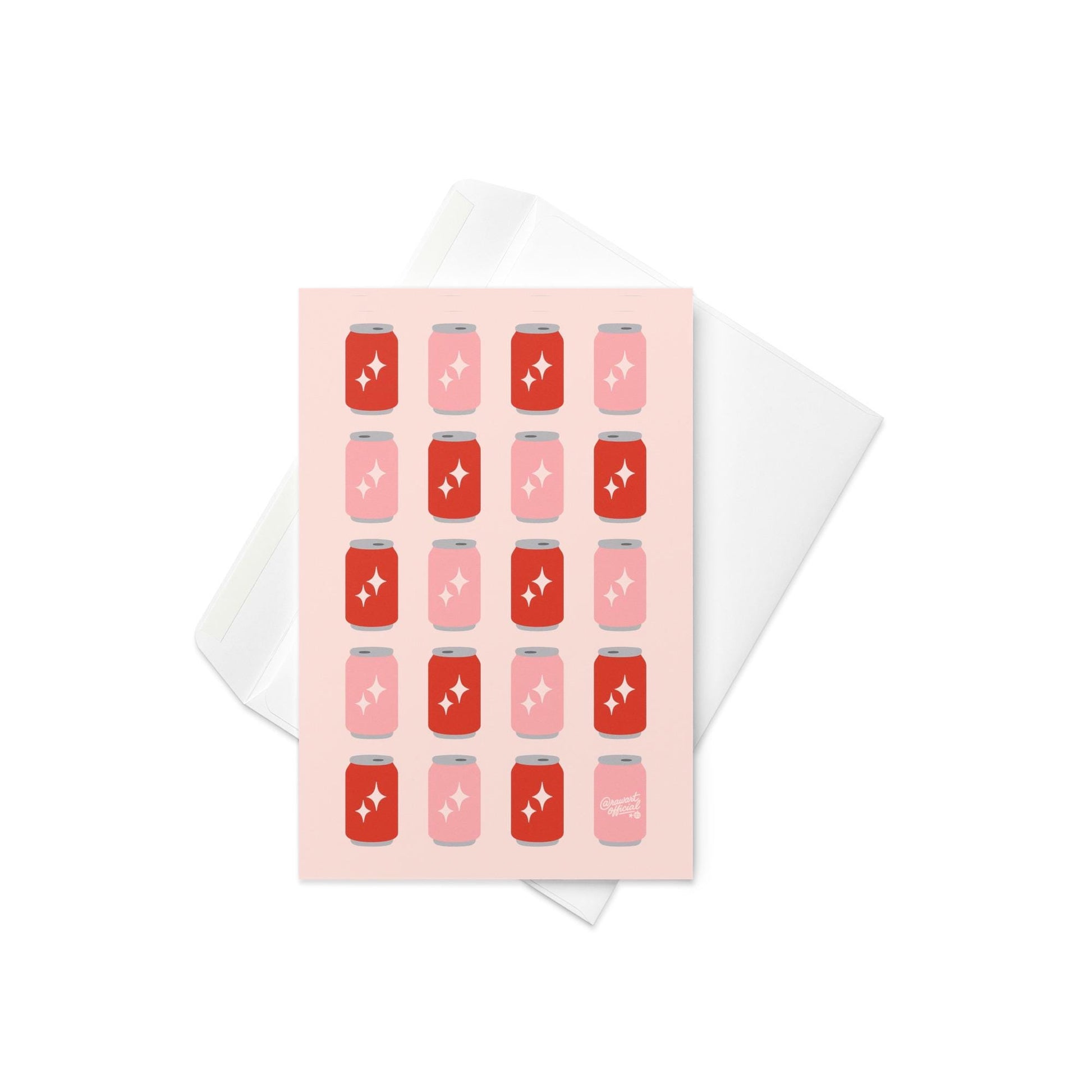 Pink and red soda can pattern with sparkles in a retro pop-art Valentine card design.