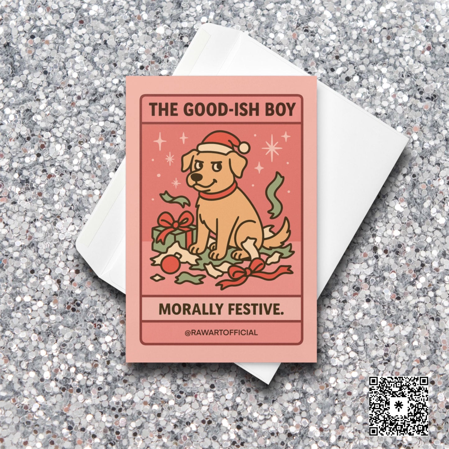 Yellow dog in Santa hat sitting in torn wrapping paper with text “The Good-Ish Boy — Morally Festive.”