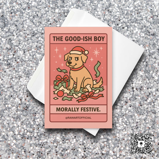 Yellow dog in Santa hat sitting in torn wrapping paper with text “The Good-Ish Boy — Morally Festive.”