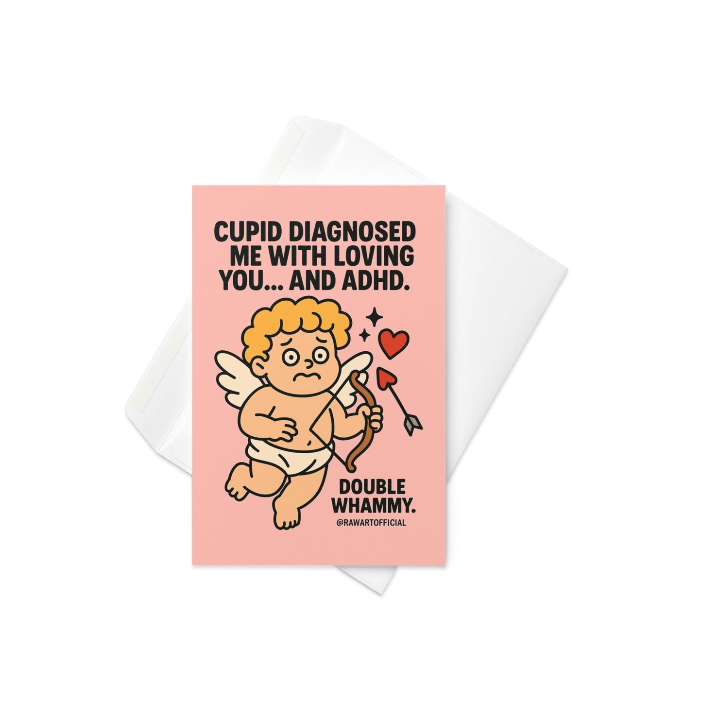 Cute worried cupid with heart arrow and ADHD text on pink background, funny valentine card.