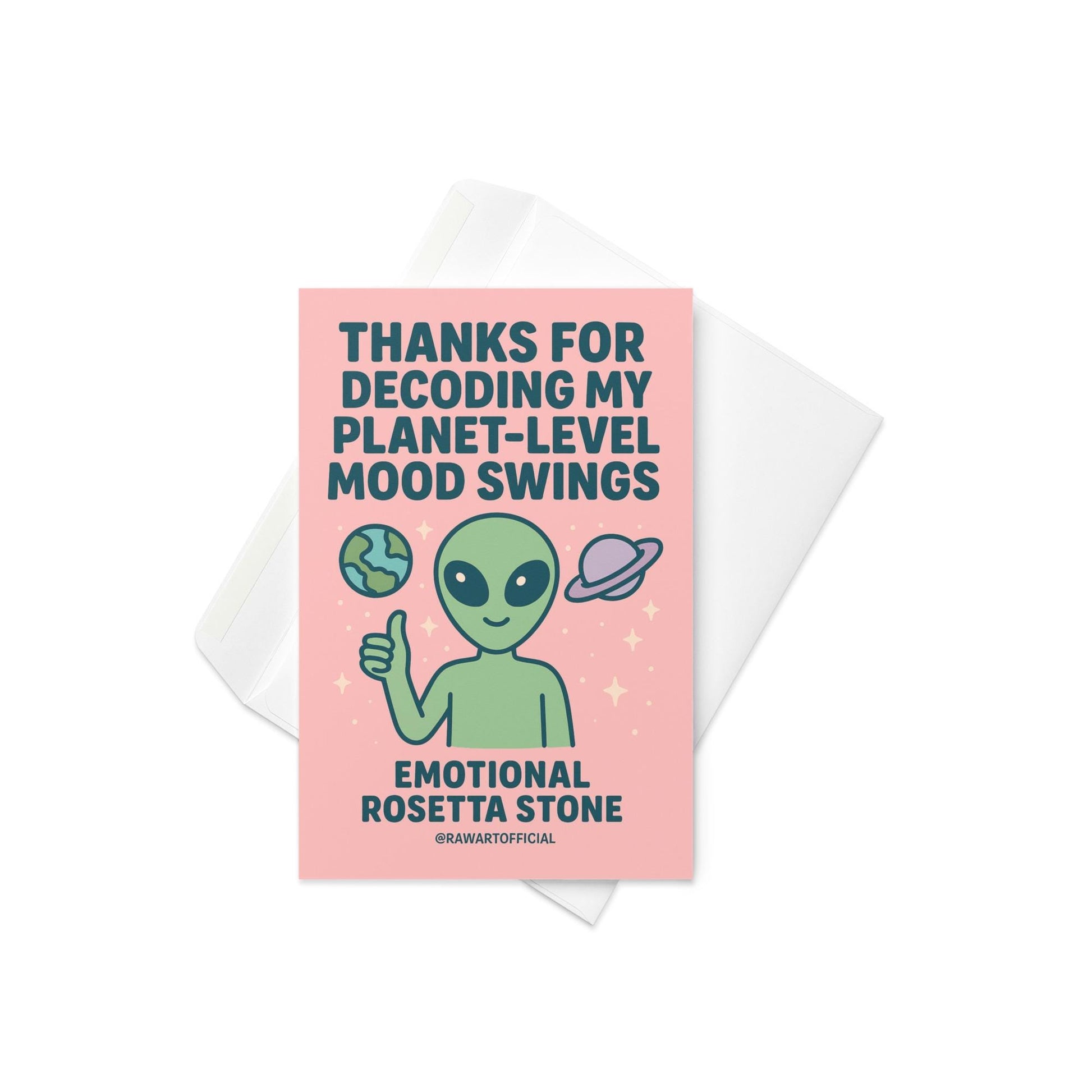 Cute alien holding thumbs-up with planets, funny mood swing Valentine’s Day card design.