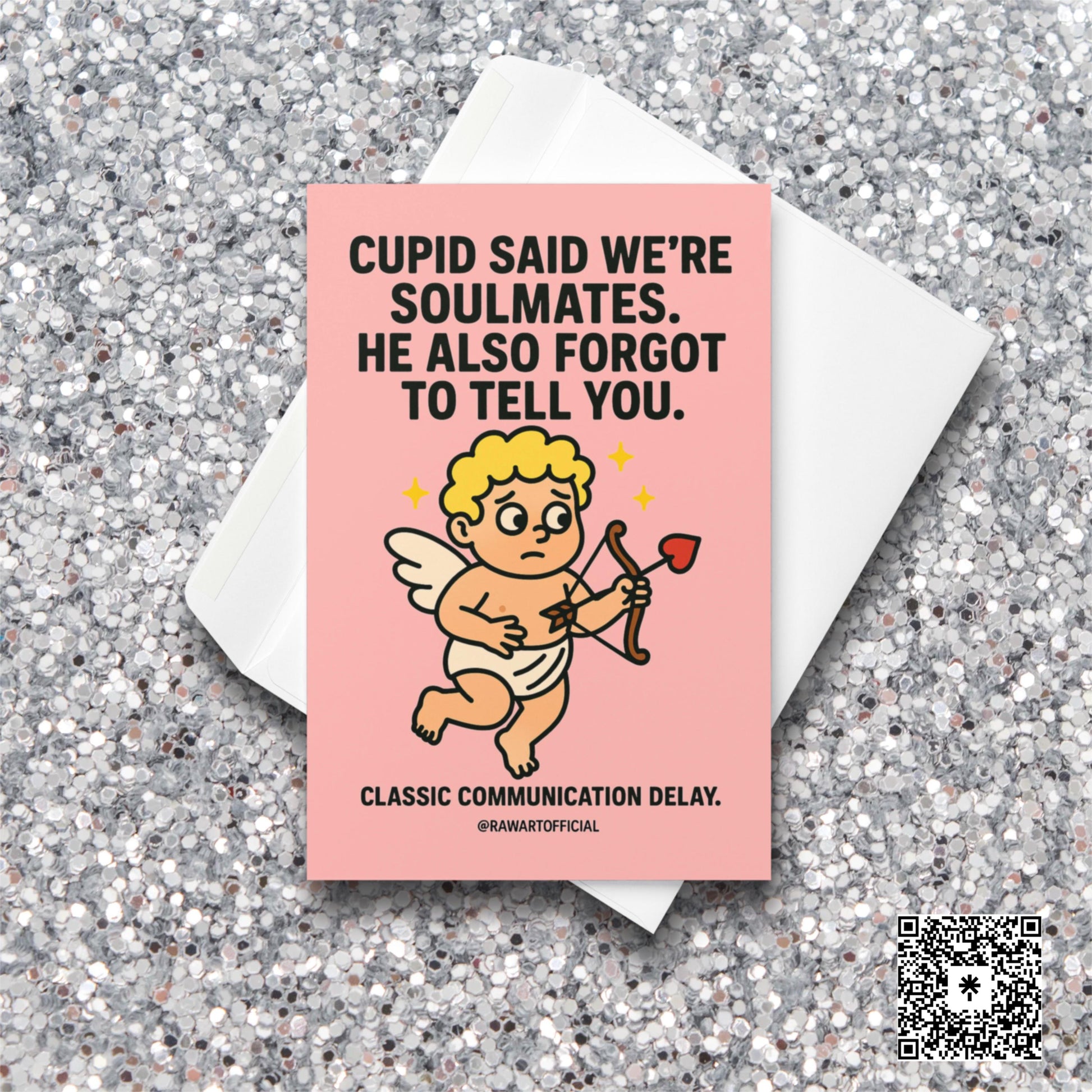 Cute anxious cupid holding heart arrow on pink background with funny soulmate communication quote.