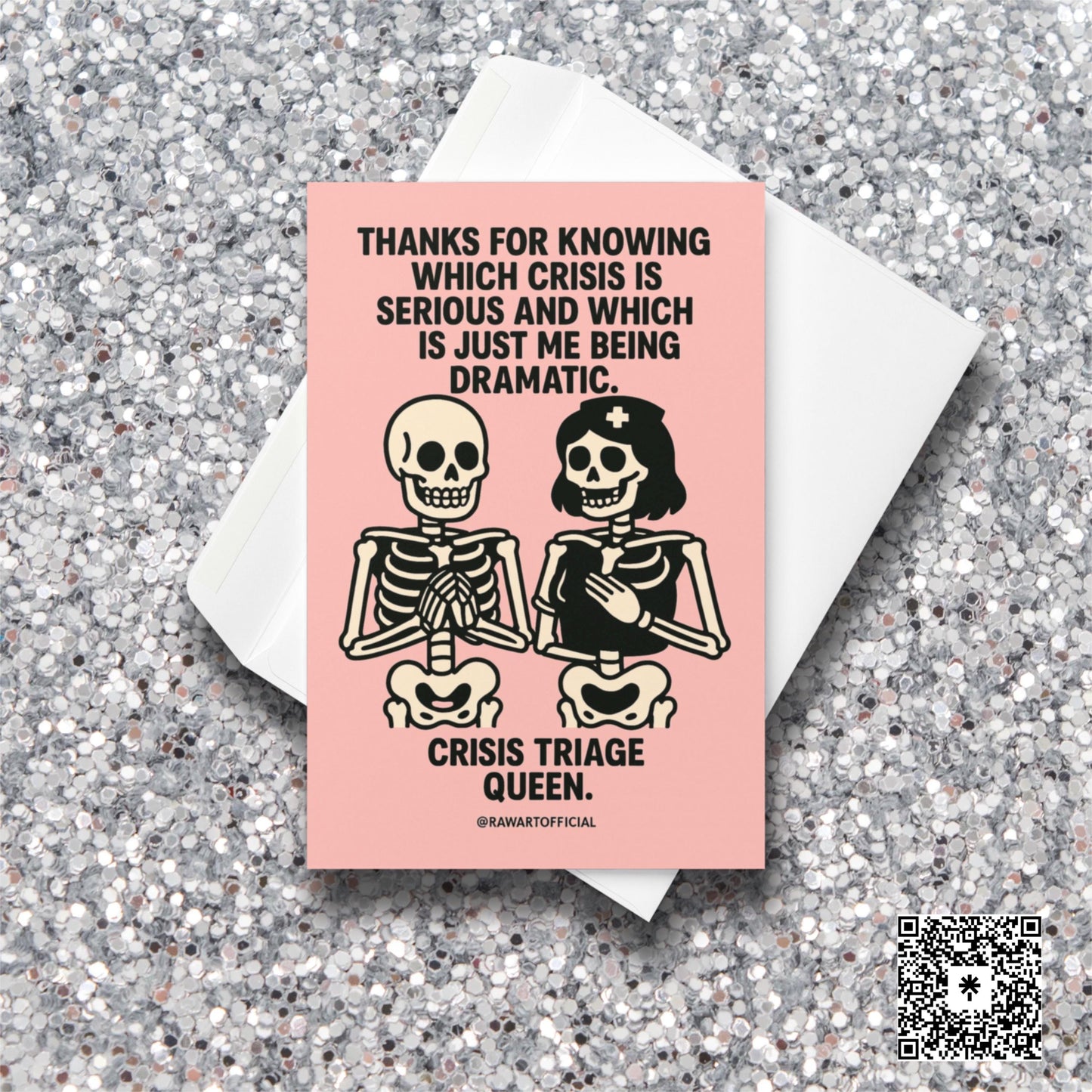 Two cute skeletons, one dressed as a nurse, with text “Crisis Triage Queen” on a pink background.