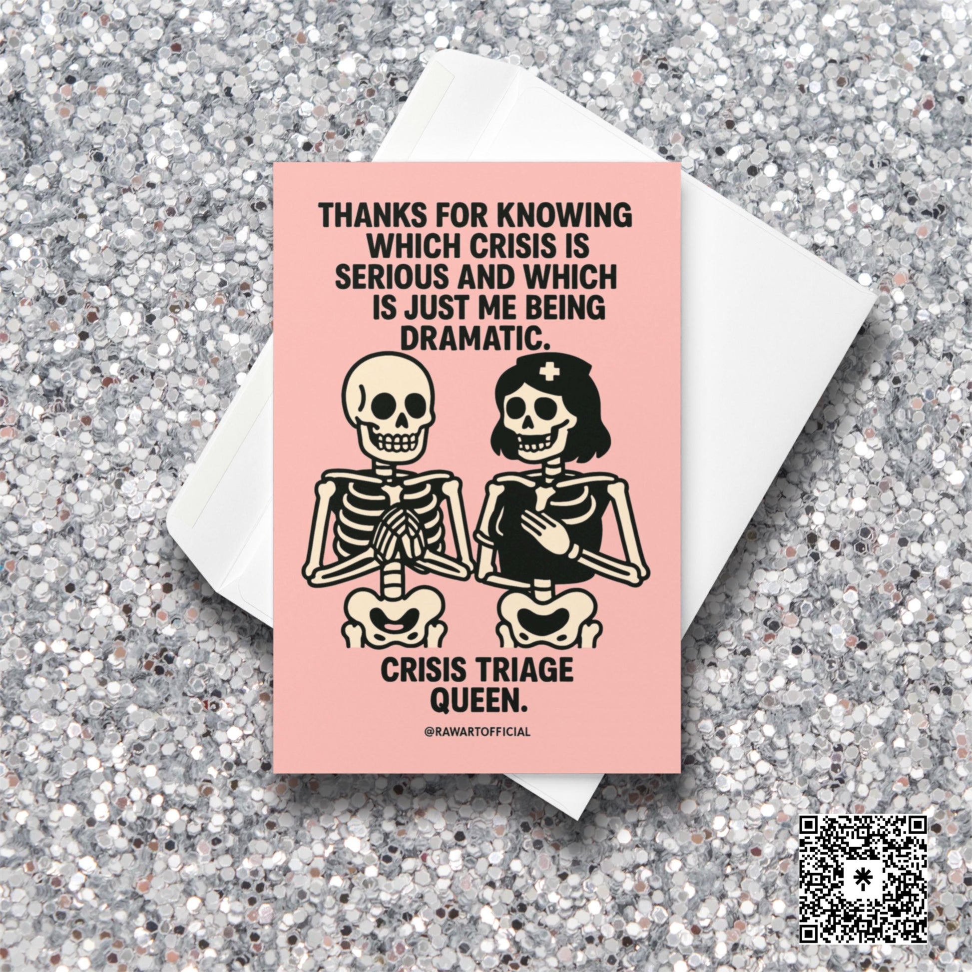 Two cute skeletons, one dressed as a nurse, with text “Crisis Triage Queen” on a pink background.