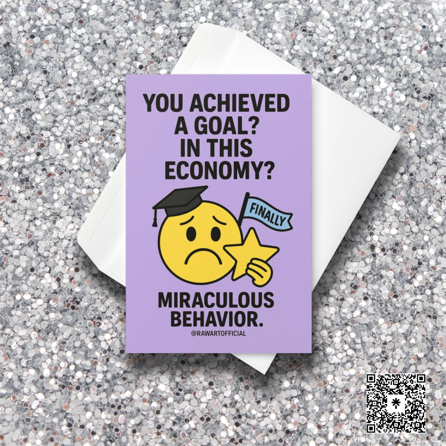 Funny graduation card with sad emoji in grad cap holding star and “In This Economy?” joke.