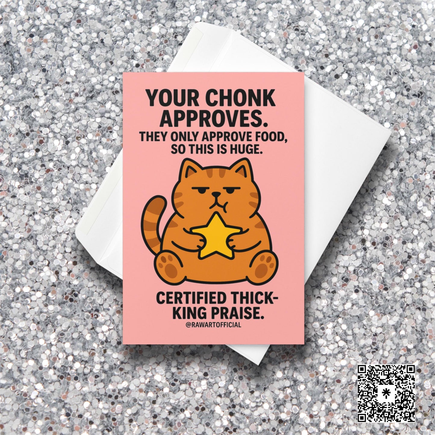 Chonky orange cat holding a star on a pink background with bold funny approval text.