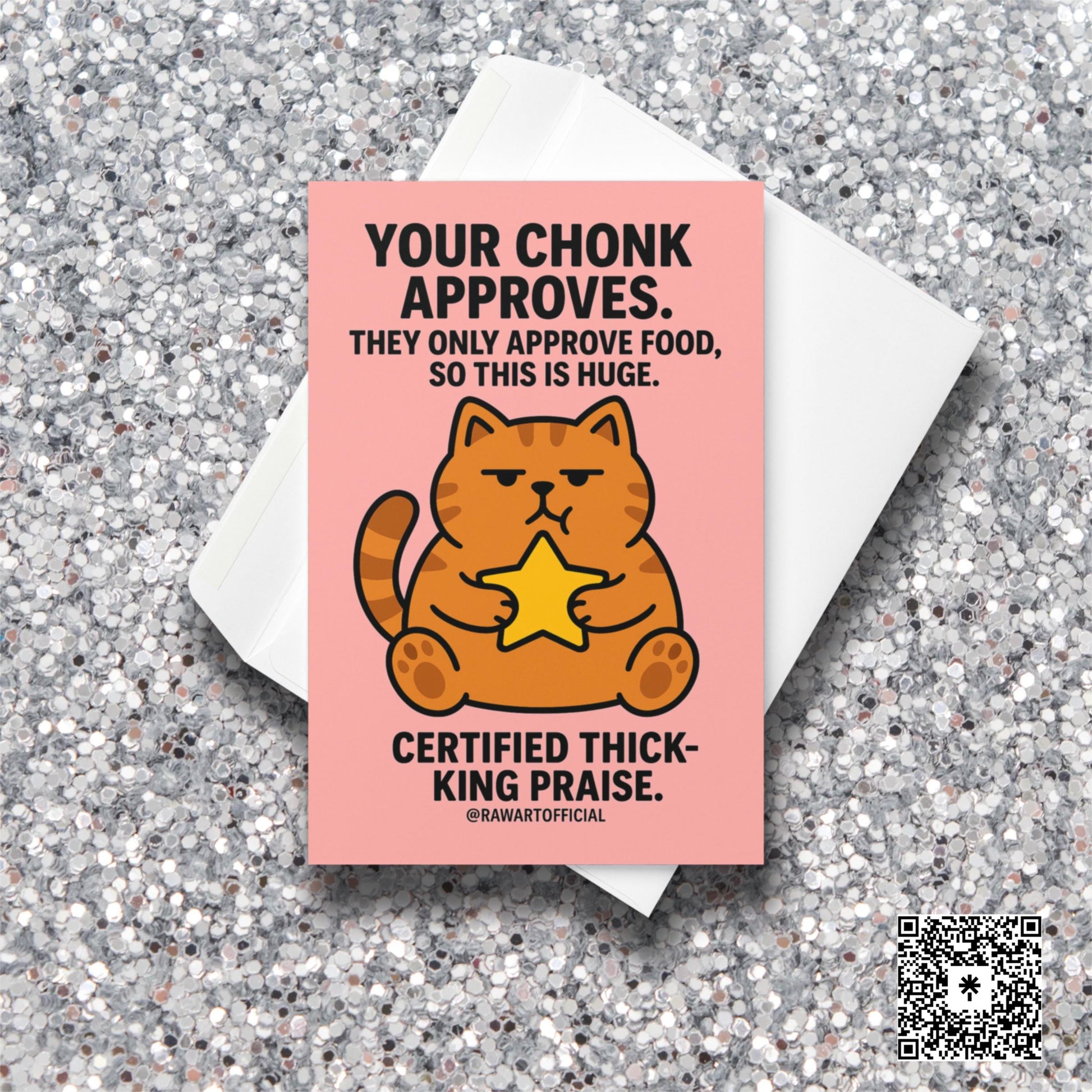 Chonky orange cat holding a star on a pink background with bold funny approval text.