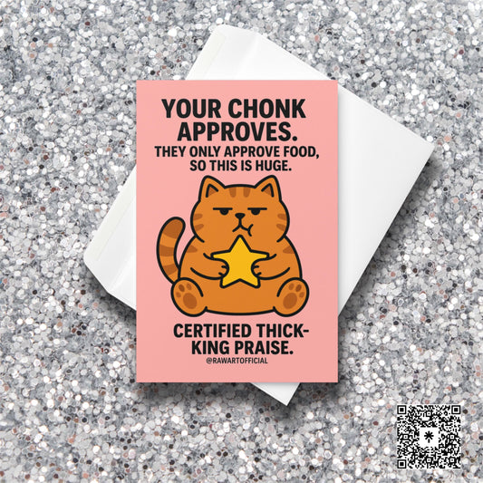 Chonky orange cat holding a star on a pink background with bold funny approval text.