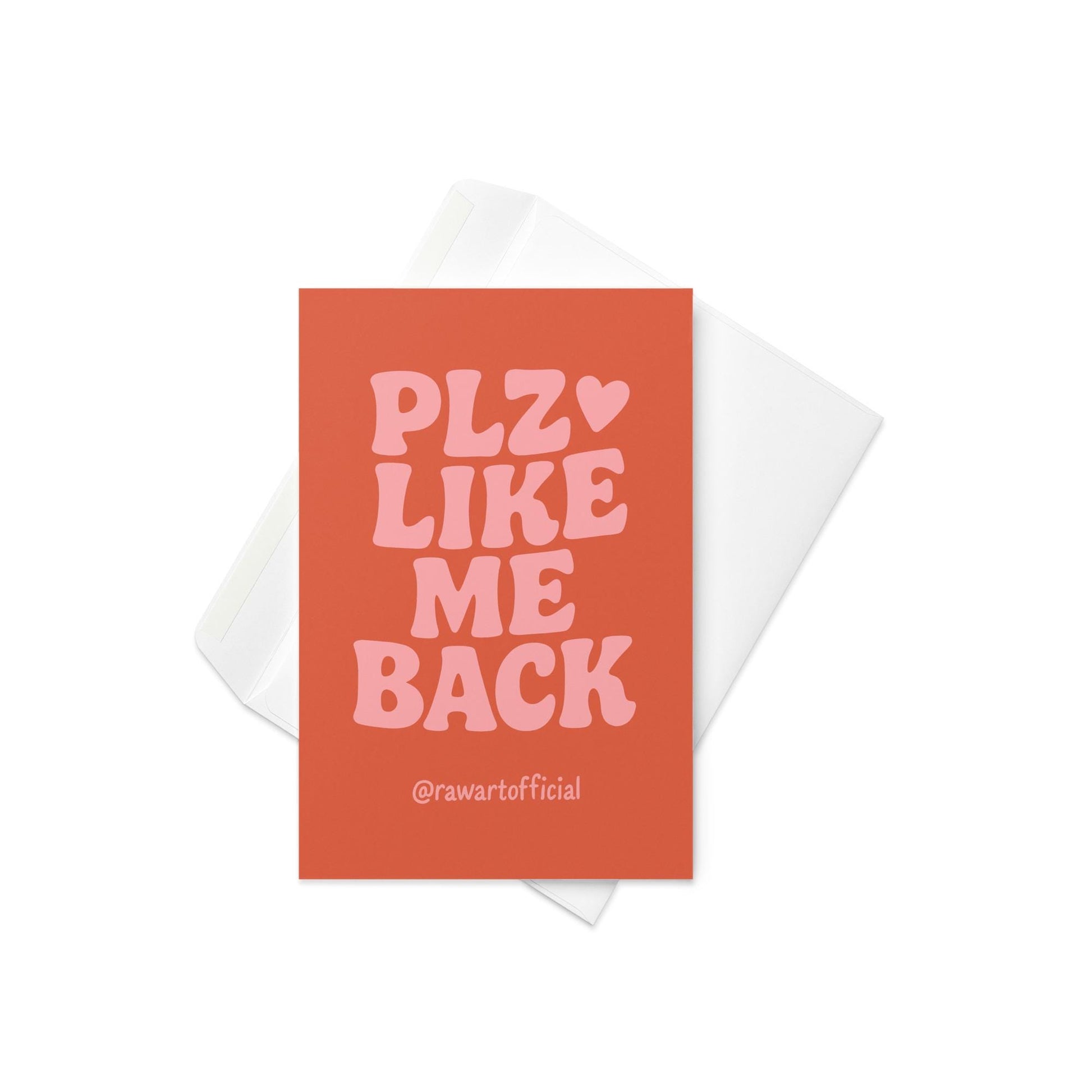 Funny greeting card with retro lettering reading “Plz Like Me Back” on an orange background.
