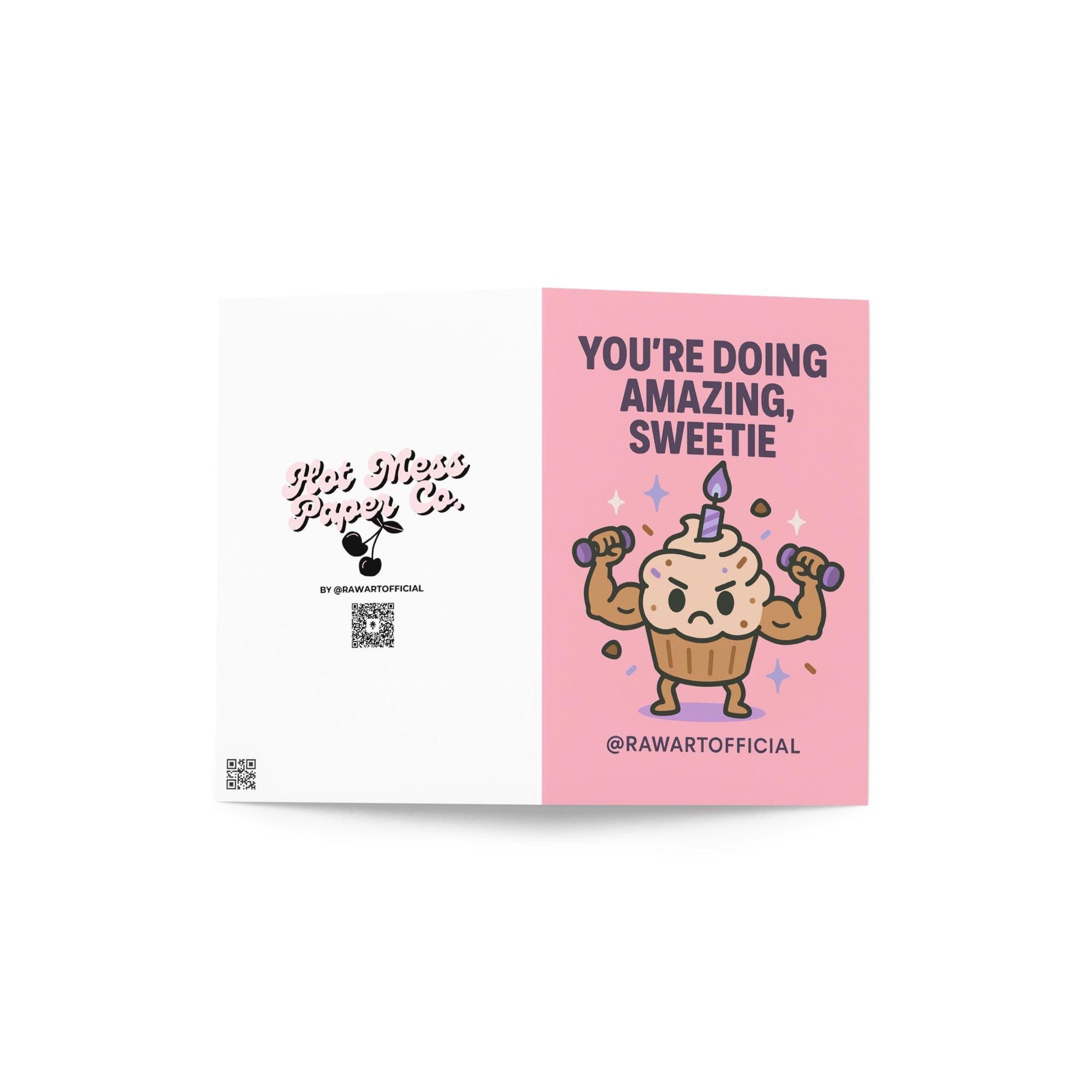 Cute pink card with a buff cupcake lifting dumbbells under the text “You’re Doing Amazing, Sweetie.”