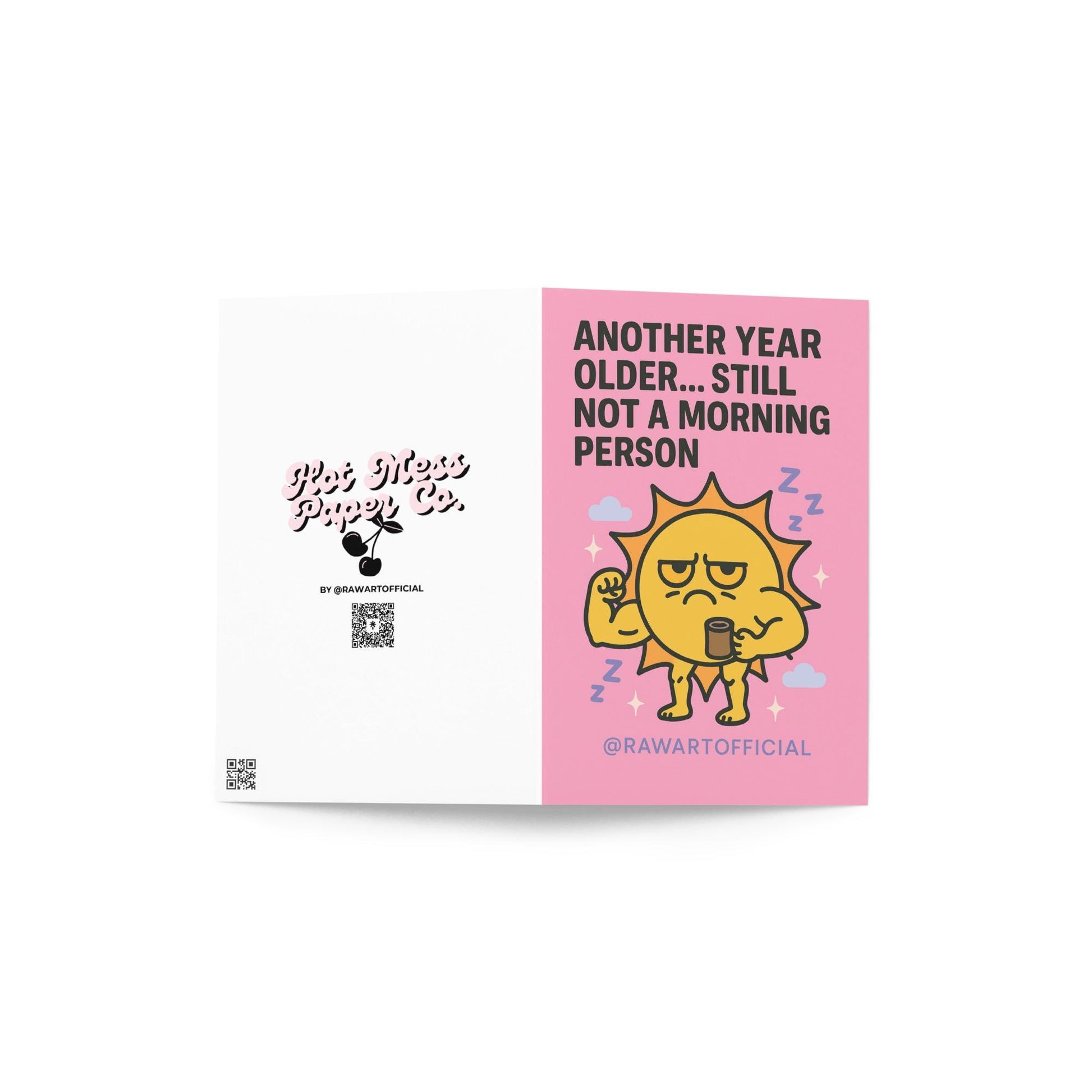 Grumpy muscular sun holding coffee, surrounded by clouds and sparkles on a pink birthday card.