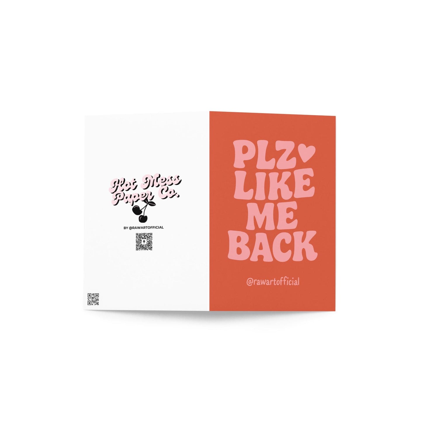 Funny greeting card with retro lettering reading “Plz Like Me Back” on an orange background.