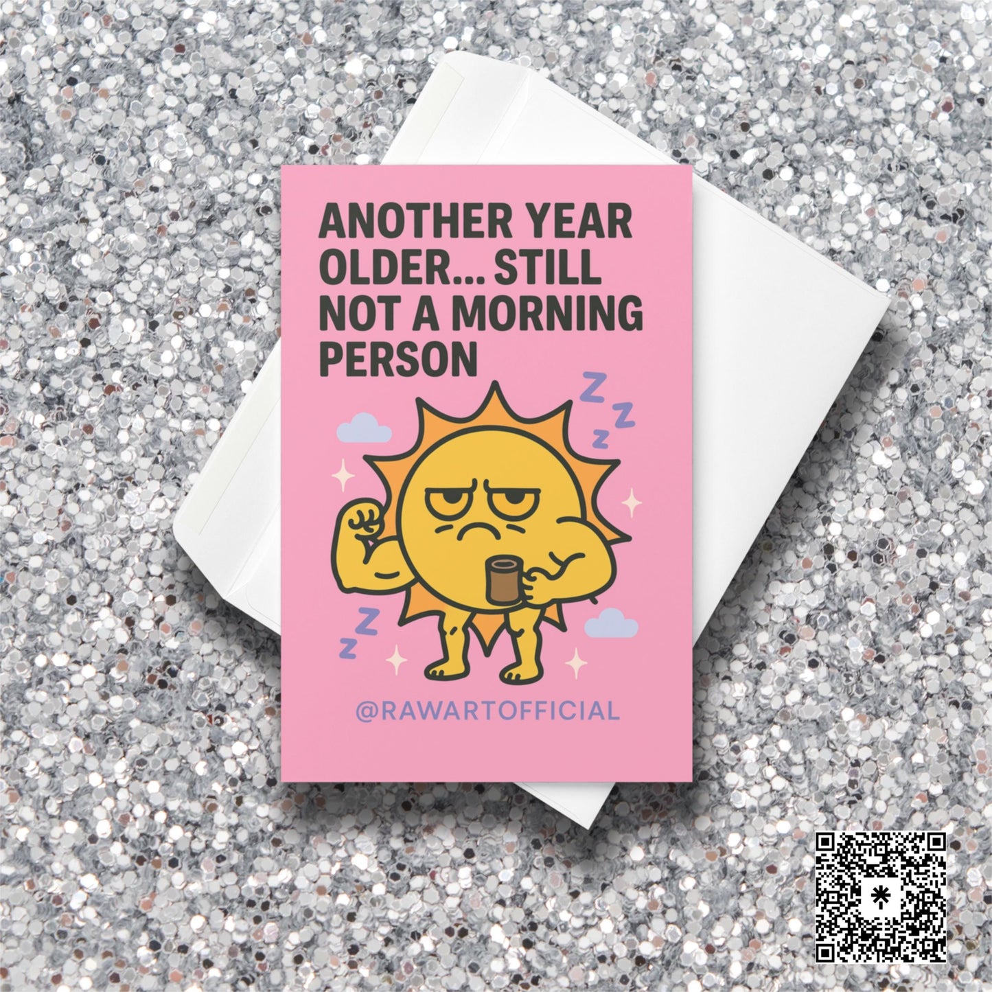 Grumpy muscular sun holding coffee, surrounded by clouds and sparkles on a pink birthday card.