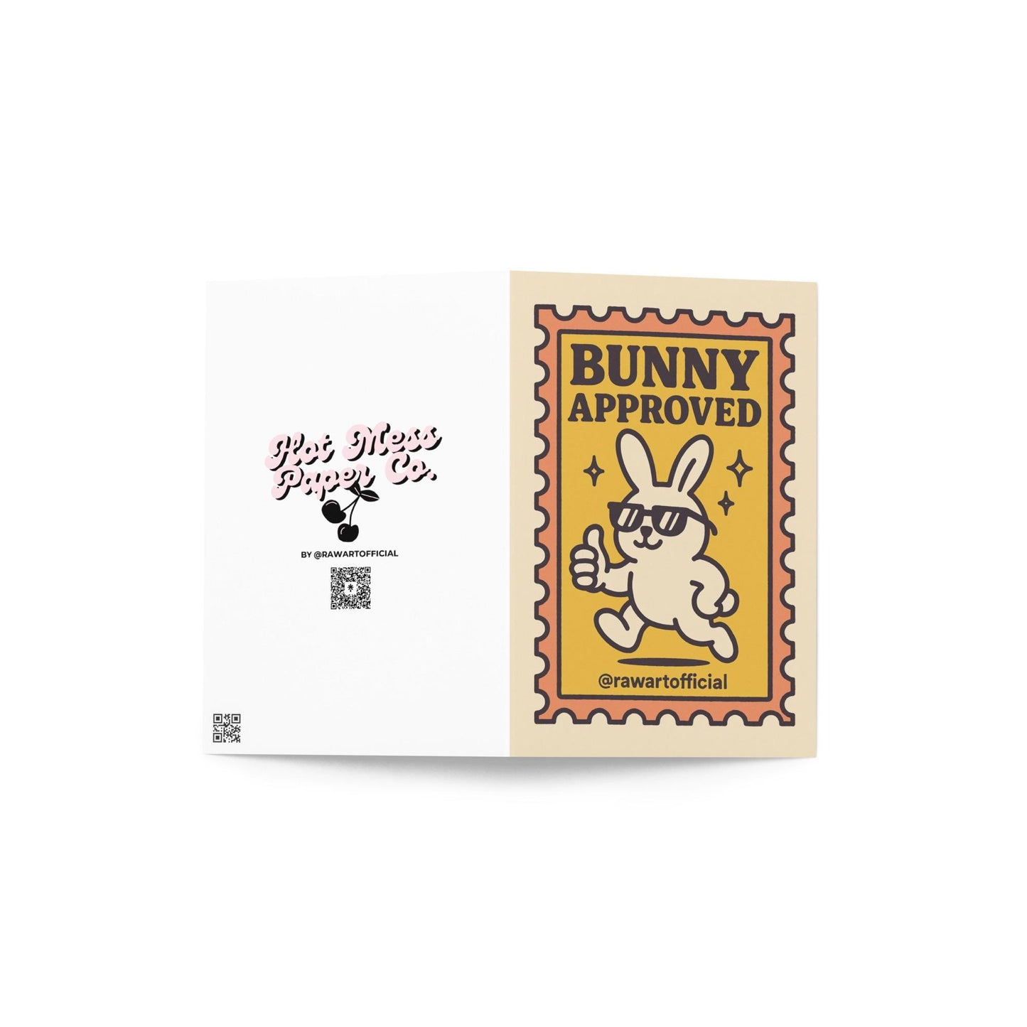 yellow retro easter card with sunglasses bunny giving thumbs up inside stamp border bunny approved text