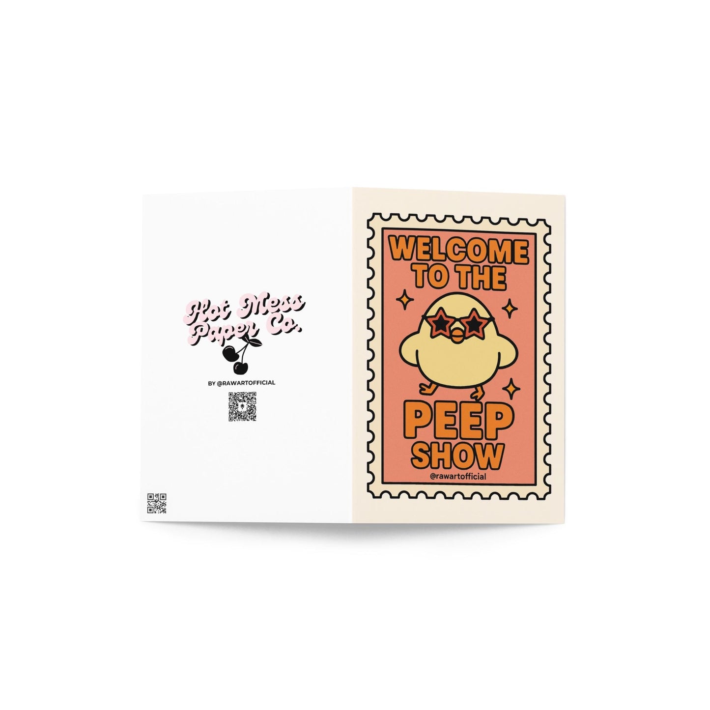 retro easter card with yellow chick in star sunglasses and text welcome to the peep show inside stamp border