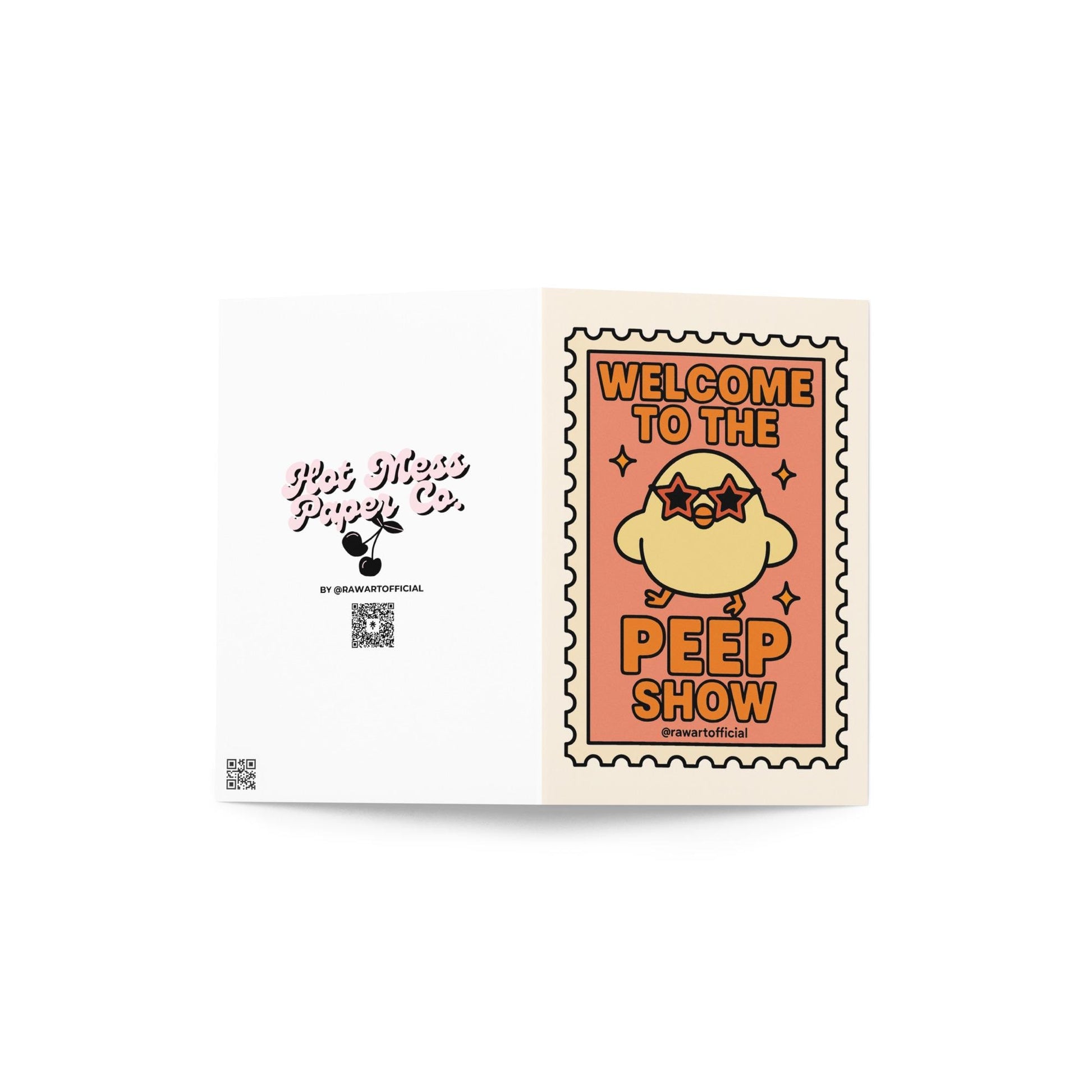 retro easter card with yellow chick in star sunglasses and text welcome to the peep show inside stamp border