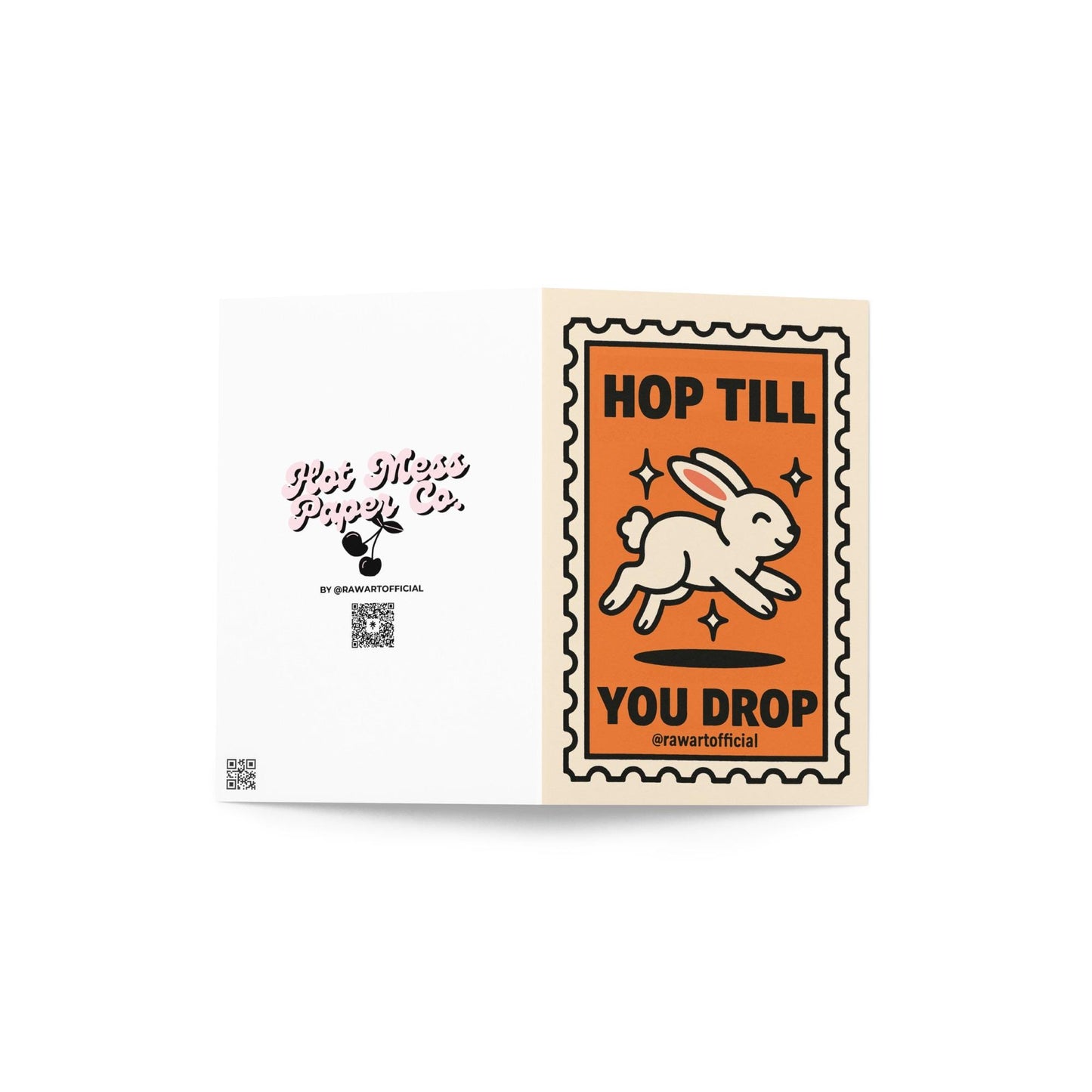 retro easter card with jumping white bunny and text hop till you drop inside postage stamp frame