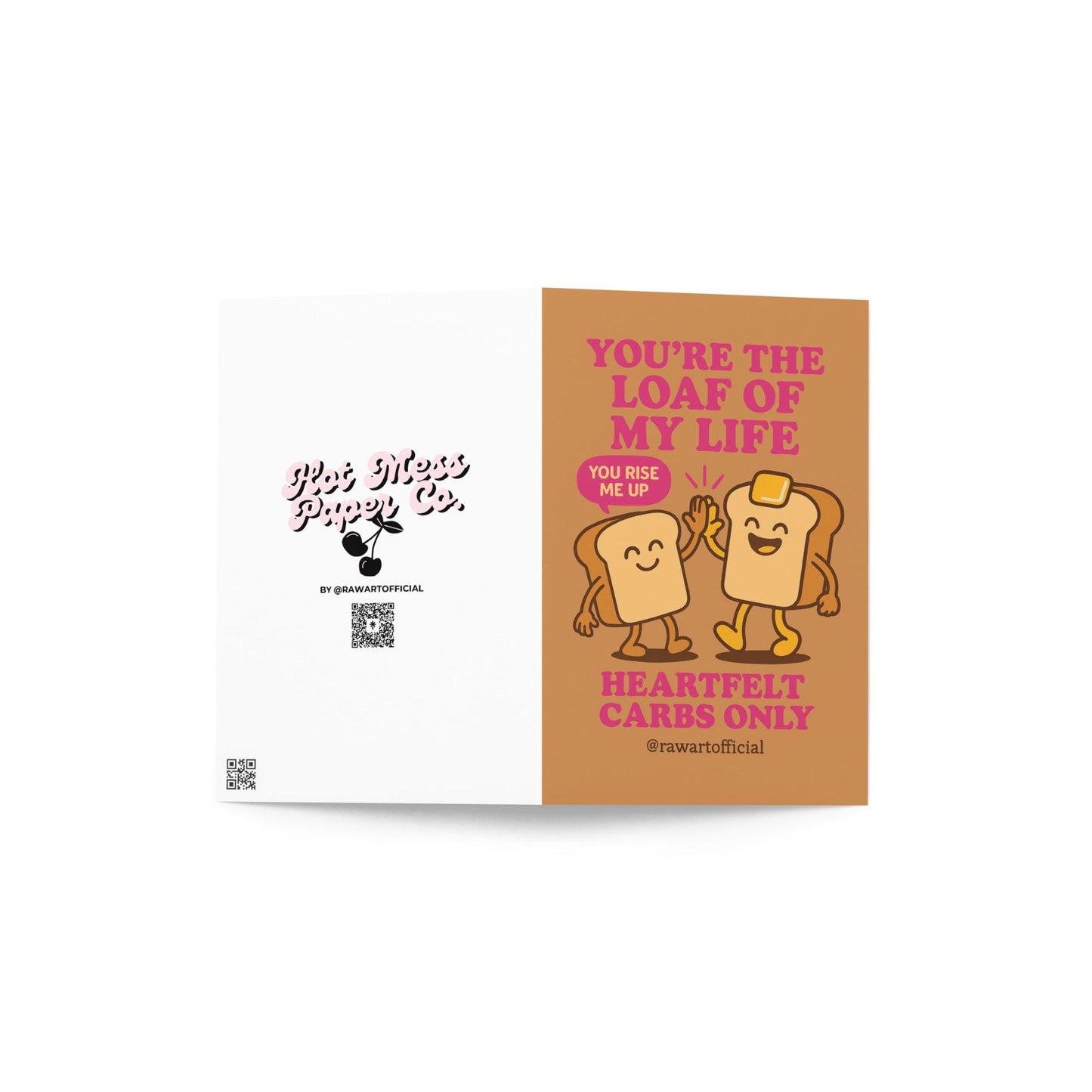 Cute bread pun card with two smiling toast slices high-fiving and pink lettering.