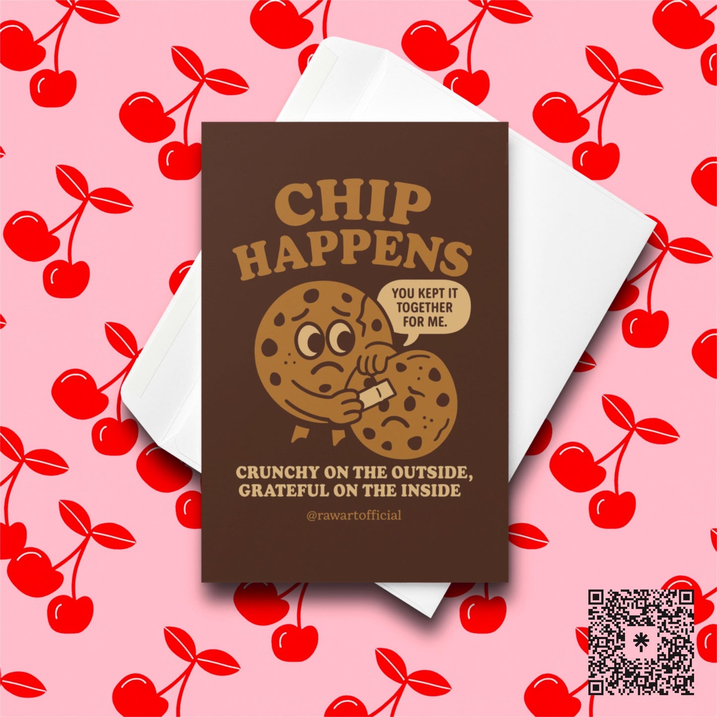 Funny cookie thank you card with pun and two chocolate chip cookies.