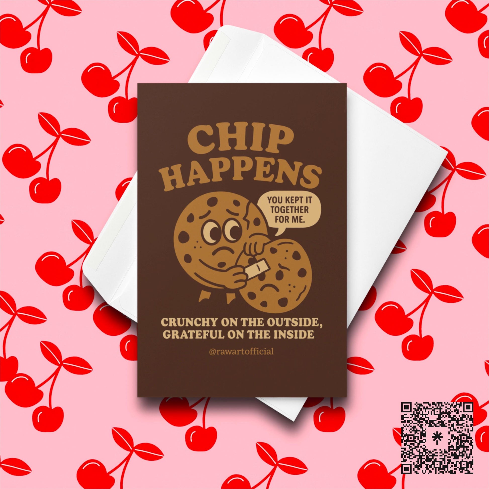 Funny cookie thank you card with pun and two chocolate chip cookies.