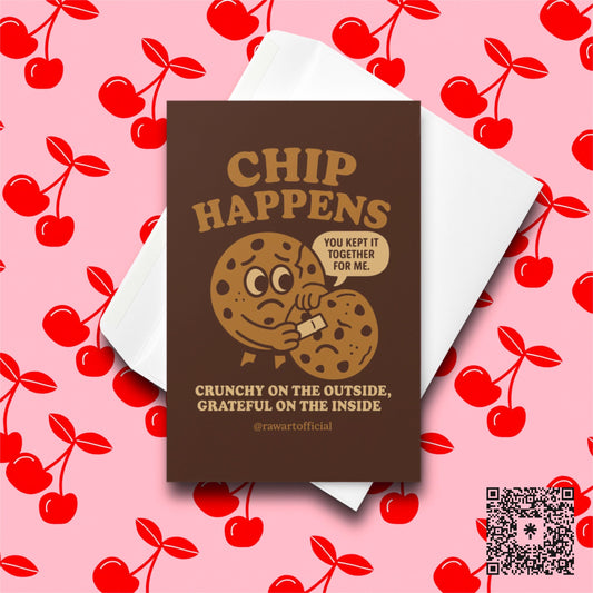 Funny cookie thank you card with pun and two chocolate chip cookies.