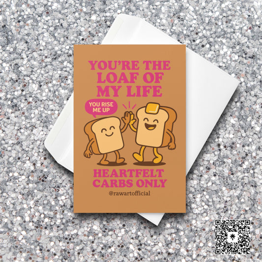 Cute bread pun card with two smiling toast slices high-fiving and pink lettering.