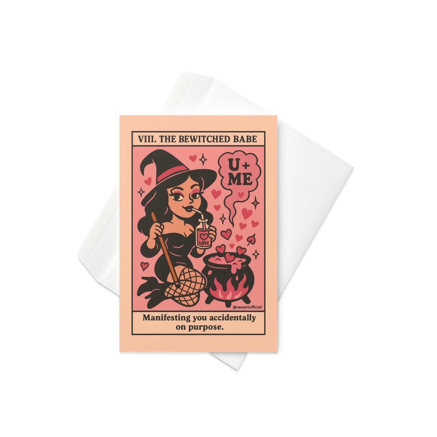 Retro pink witch sipping love potion over cauldron with hearts, “Bewitched Babe” spooky Valentine card.