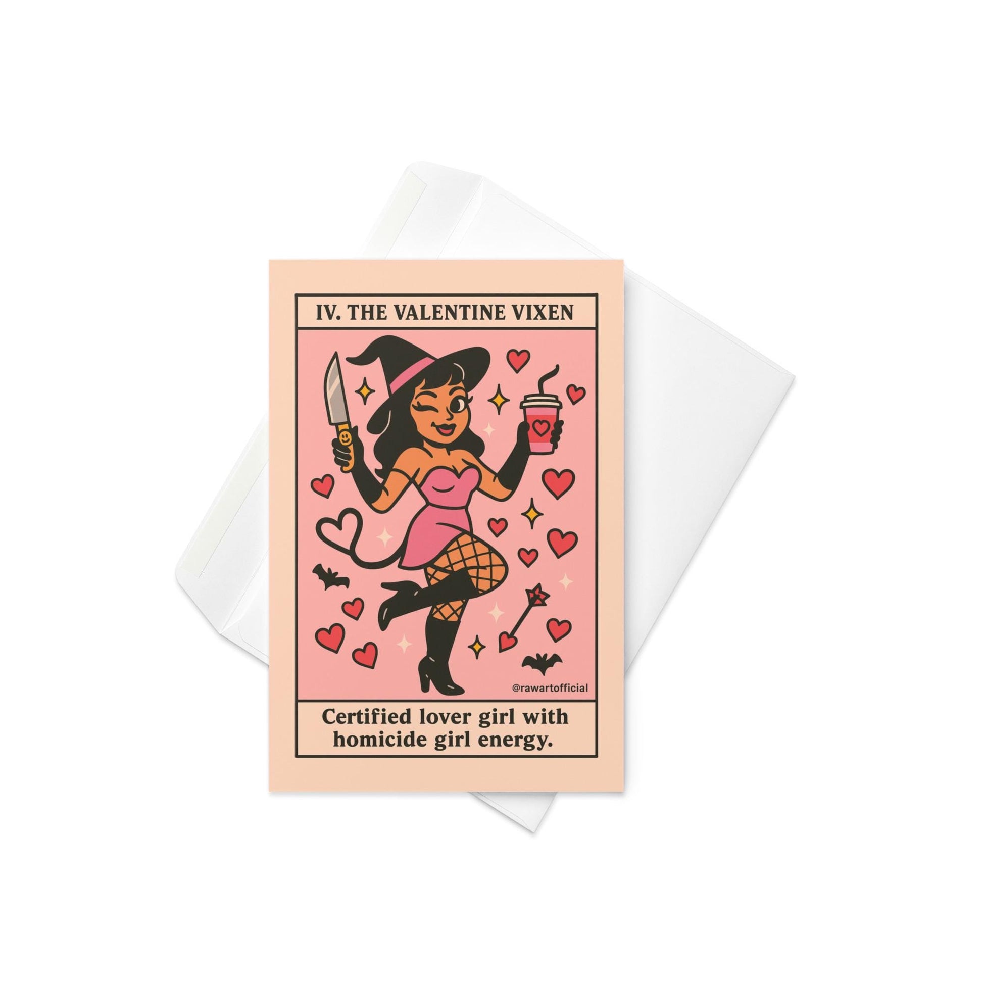 Witch valentine vixen holding knife and drink, surrounded by hearts in tarot-style art.