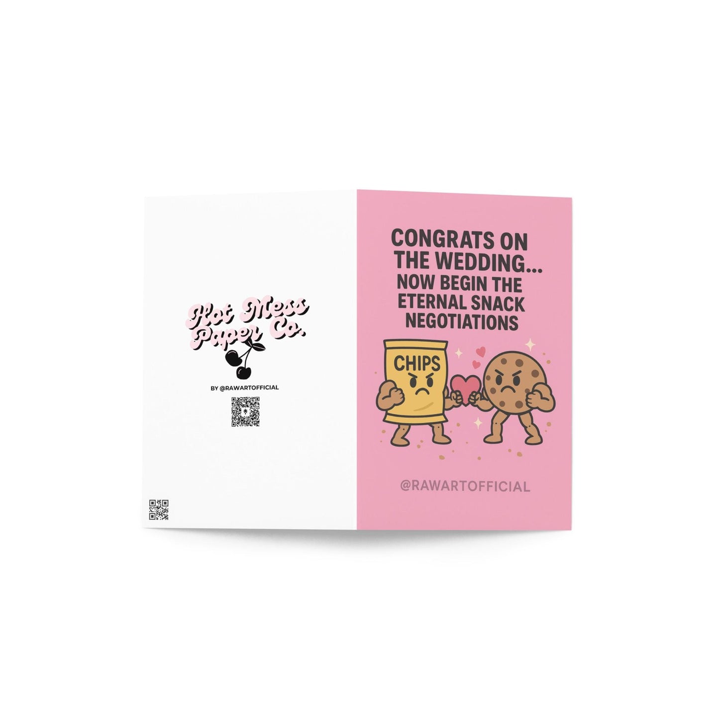 Illustration of buff chip bag and buff cookie holding a heart with text about eternal snack negotiations.