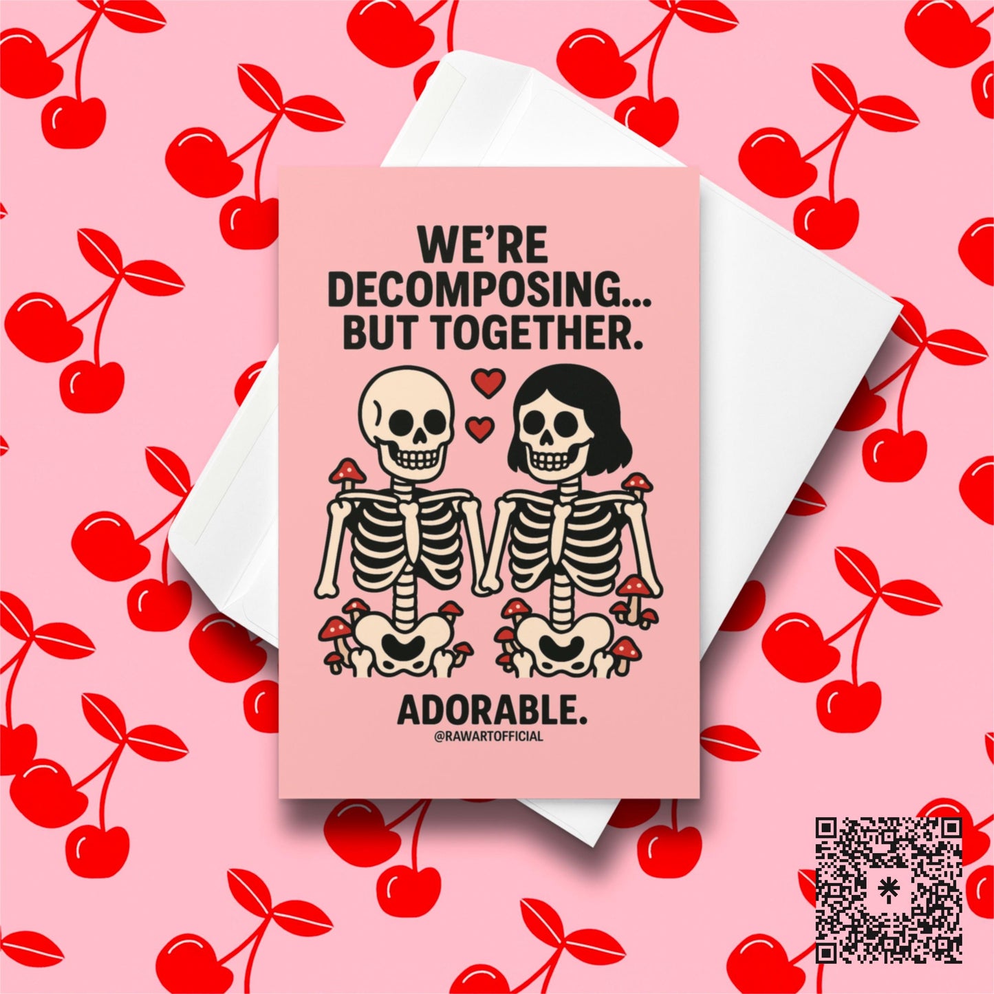 Cute skeleton couple with red hearts and mushrooms, holding hands on a pink background.