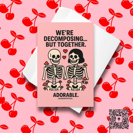 Cute skeleton couple with red hearts and mushrooms, holding hands on a pink background.