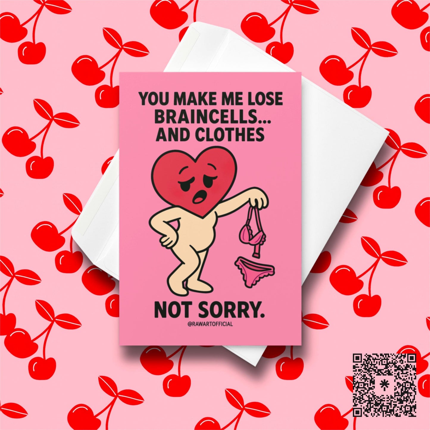Sexy funny Valentine card with heart character holding lingerie on pink background, cartoon style.