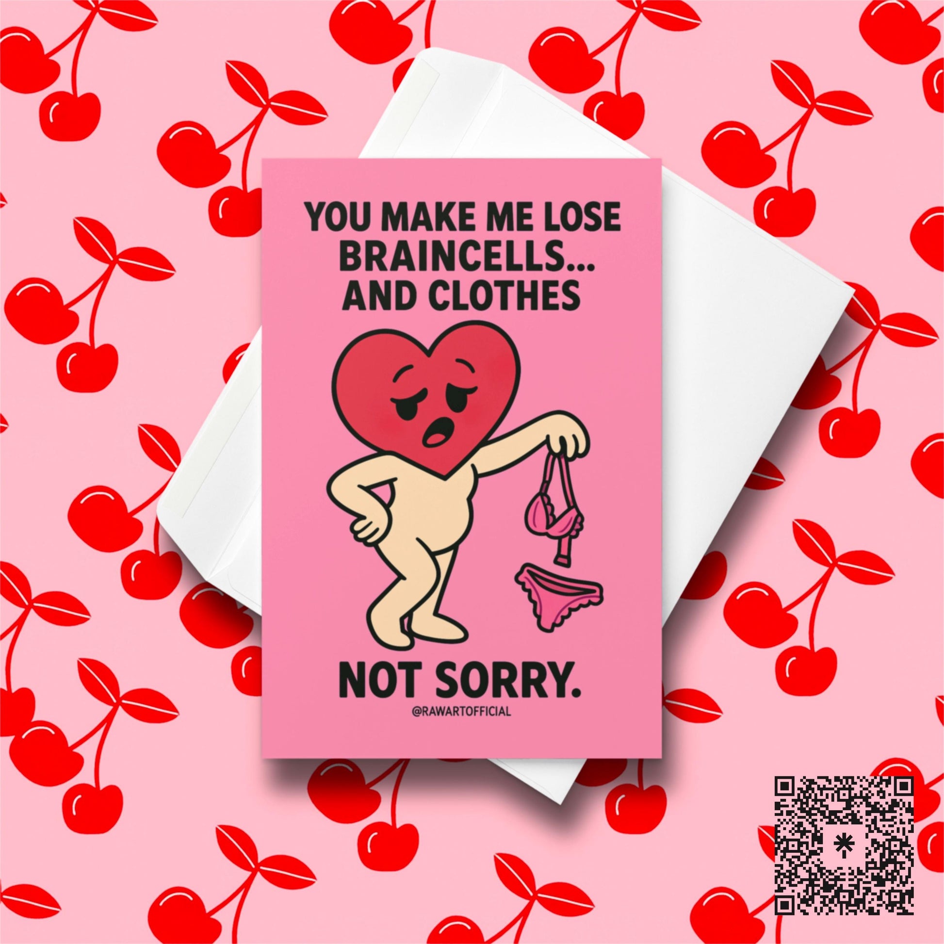 Sexy funny Valentine card with heart character holding lingerie on pink background, cartoon style.