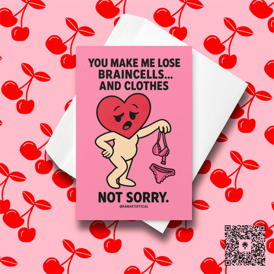 Sexy funny Valentine card with heart character holding lingerie on pink background, cartoon style.