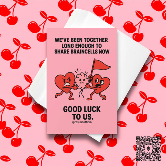 Two red heart characters fighting over a scared braincell with bold Valentine text above them.