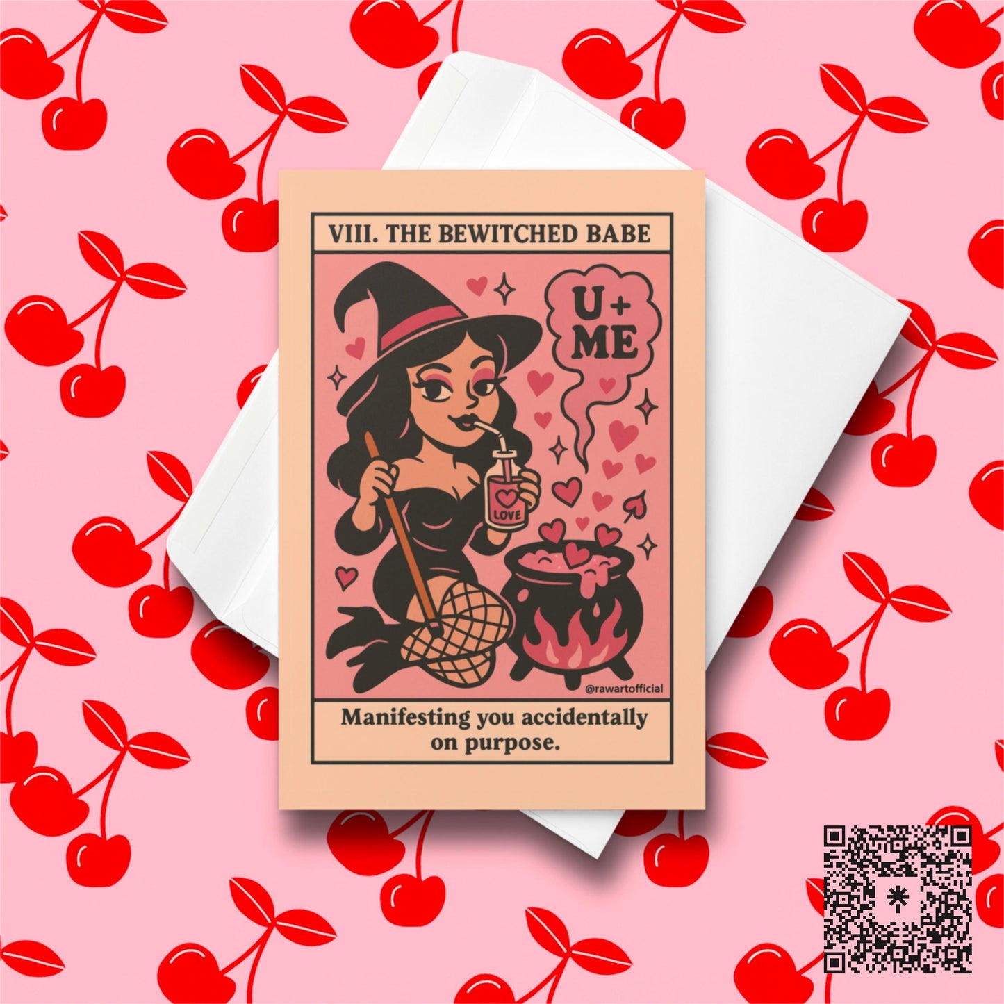 Retro pink witch sipping love potion over cauldron with hearts, “Bewitched Babe” spooky Valentine card.