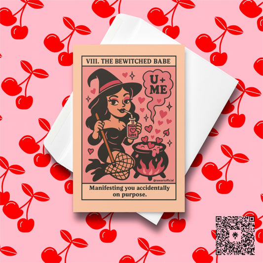 Retro pink witch sipping love potion over cauldron with hearts, “Bewitched Babe” spooky Valentine card.
