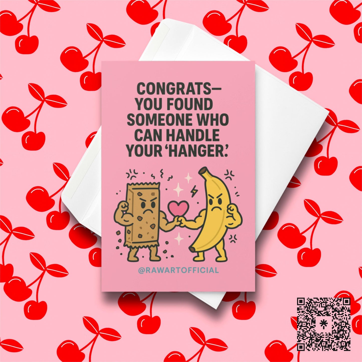 Cute pink wedding card with angry banana and granola bar holding a heart, hanger humor illustration.
