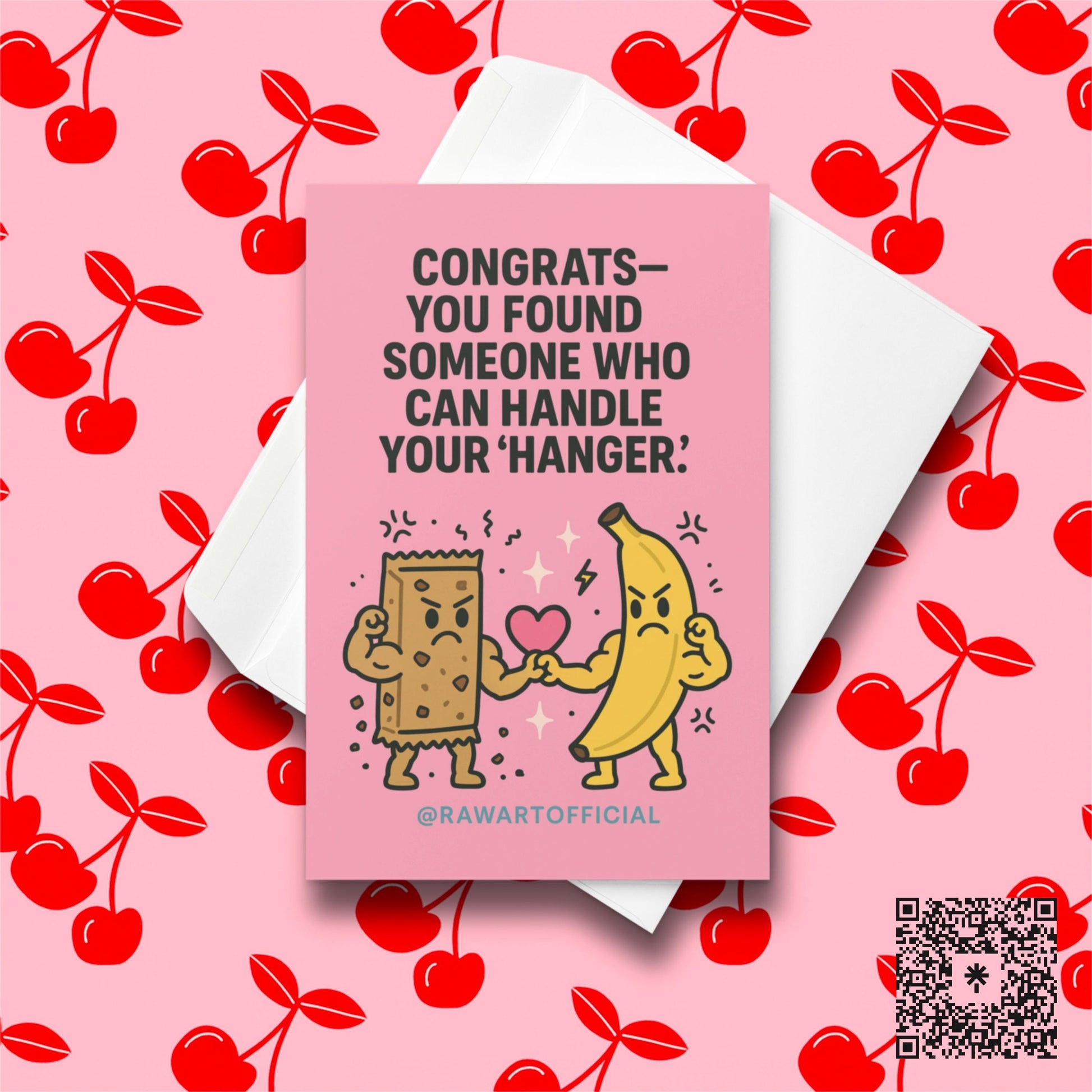 Cute pink wedding card with angry banana and granola bar holding a heart, hanger humor illustration.